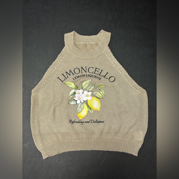 Source Unknown Tops - Limoncello Graphic Knit Tank Top - Beige with Yellow Lemon Print